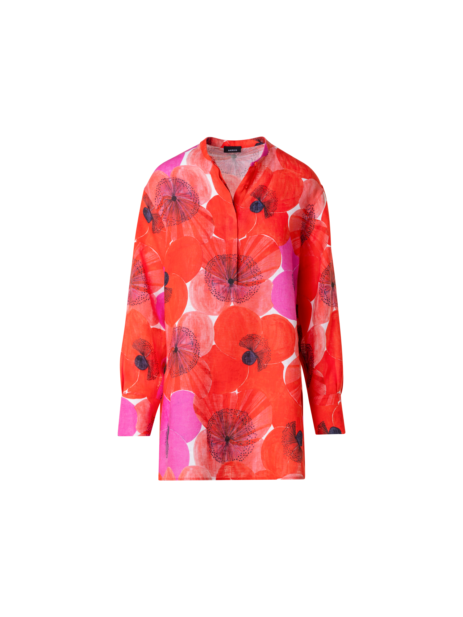 Designer Oversize Linen Tunic Blouse with Poppy Print - multicolor - red