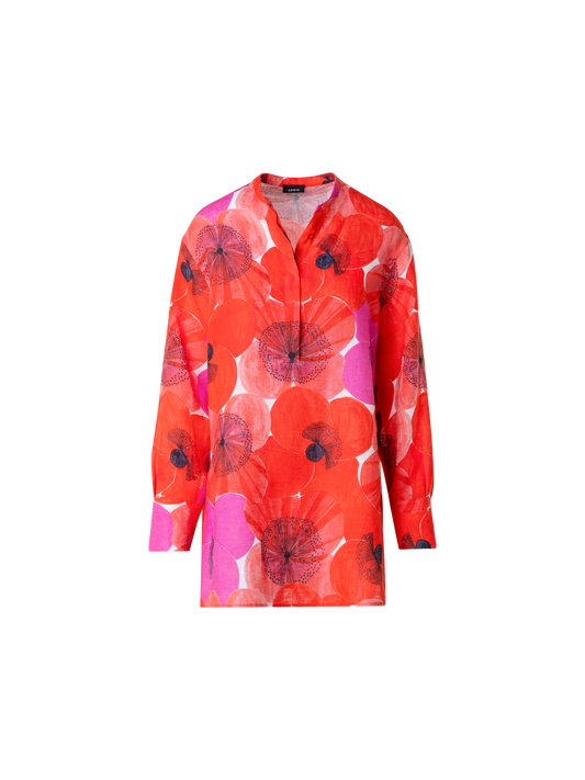 Designer Oversize Linen Tunic Blouse with Poppy Print - multicolor - red