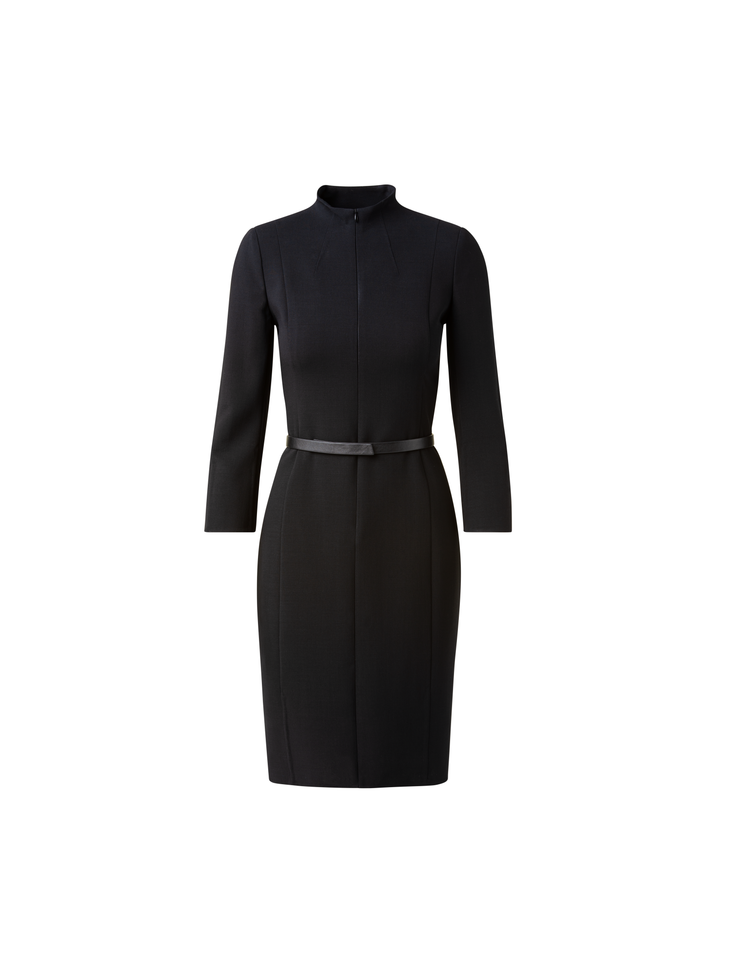 Designer 3/4 Sleeve Wool Double-Face Mock Neck Dress - black