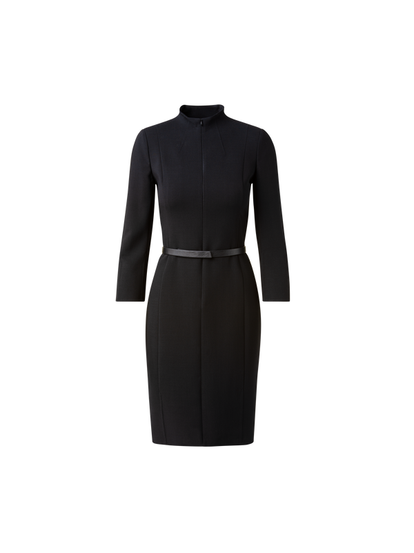 Designer 3/4 Sleeve Wool Double-Face Mock Neck Dress - black