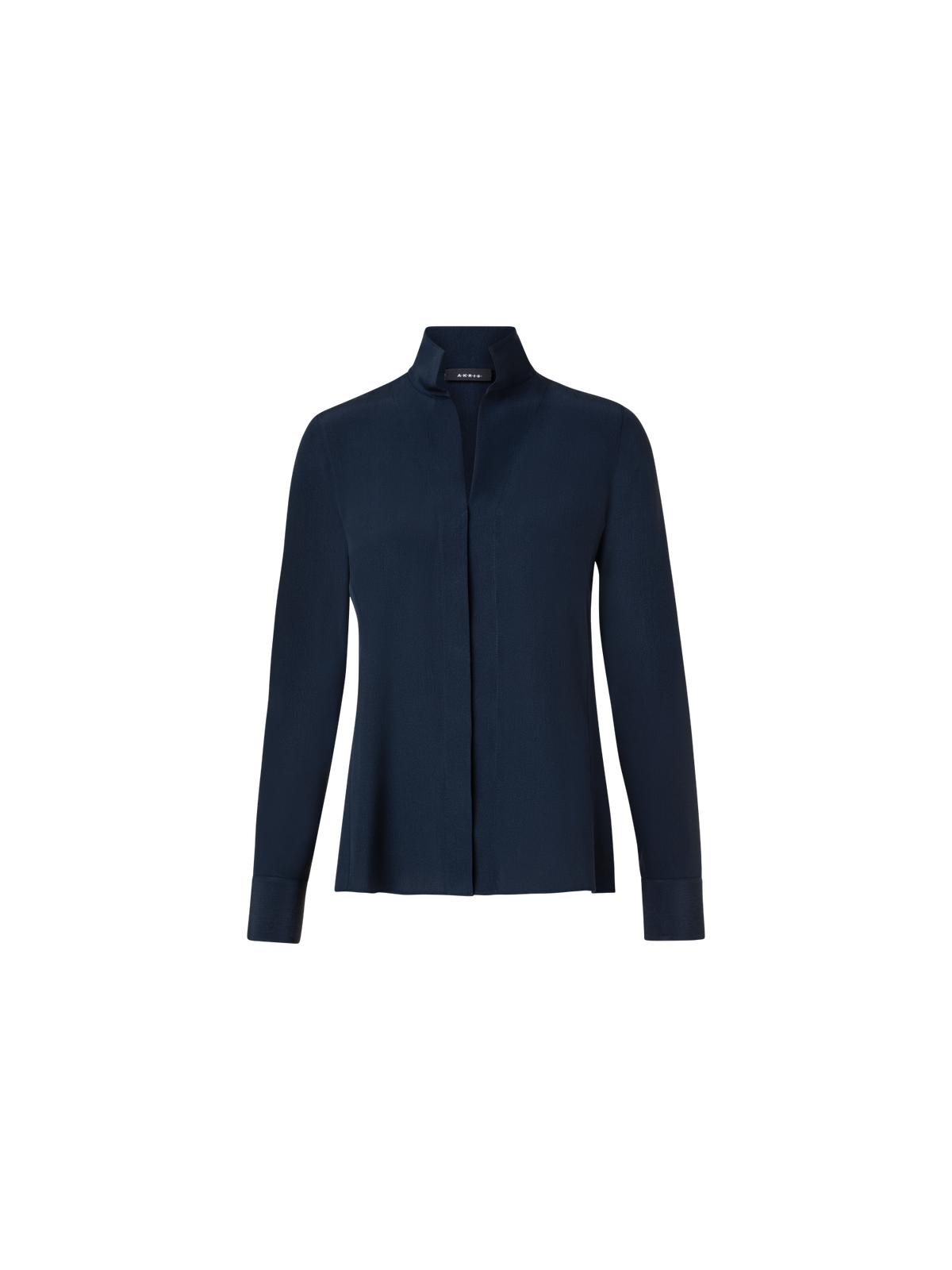 Designer Long Sleeve Silk Blouse with Stand-up Collar - navy - blue