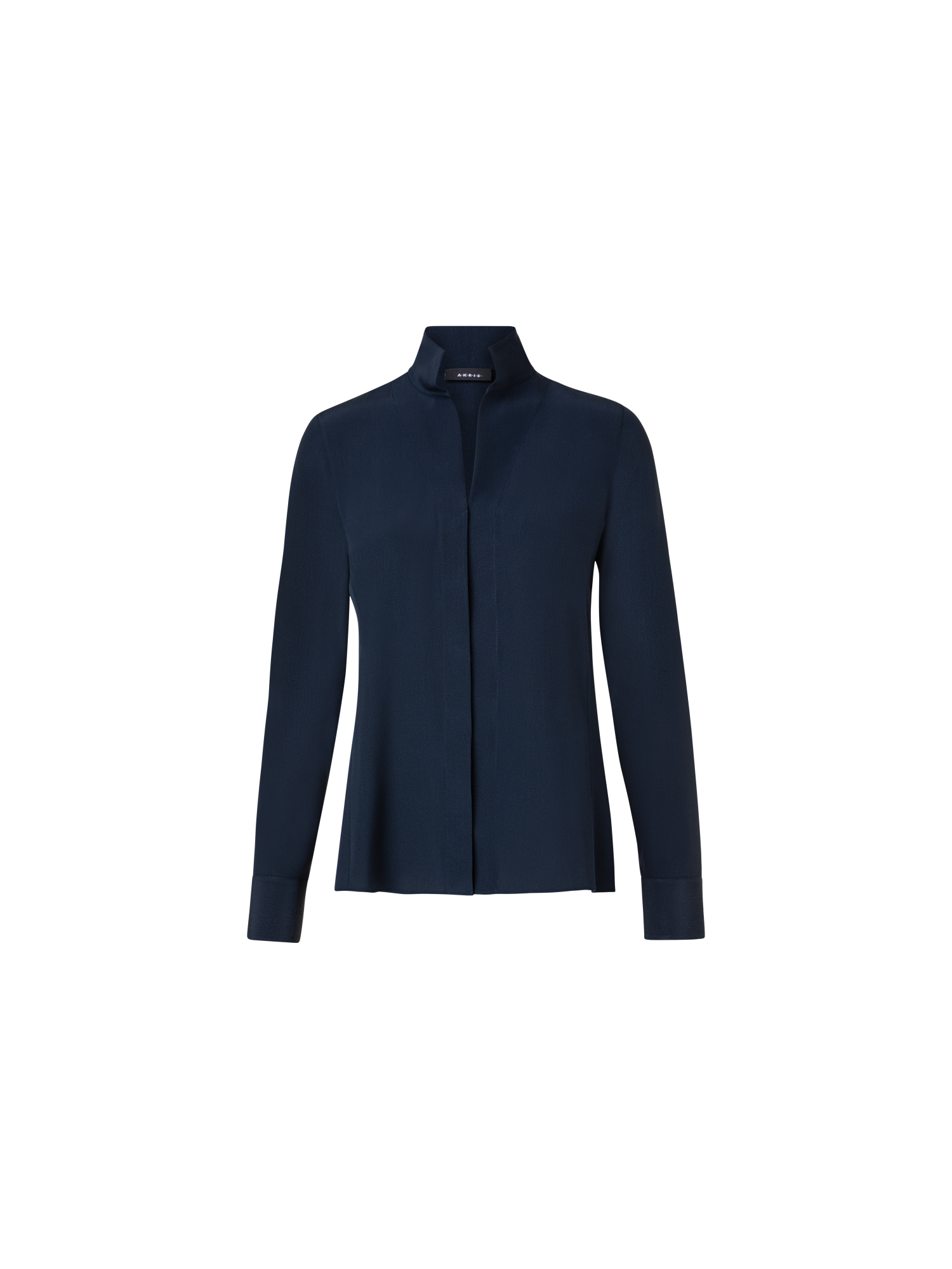 Designer Long Sleeve Silk Blouse with Stand-up Collar - navy - blue