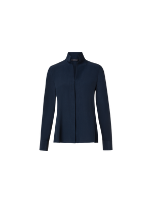 Designer Long Sleeve Silk Blouse with Stand-up Collar - navy - blue