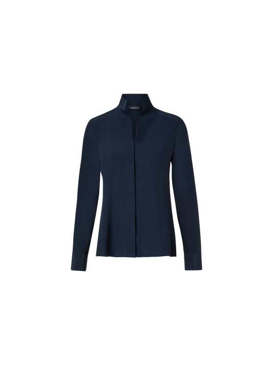 Designer Long Sleeve Silk Blouse with Stand-up Collar - navy - blue