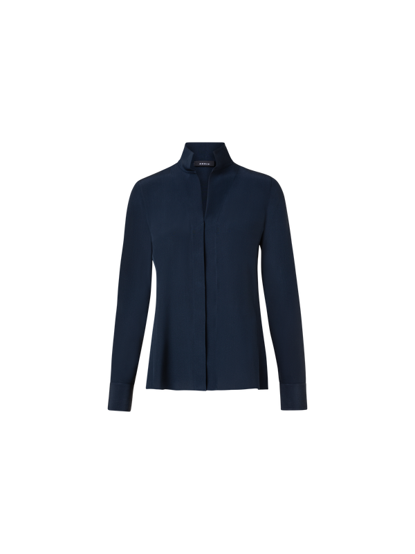 Designer Long Sleeve Silk Blouse with Stand-up Collar - navy - blue