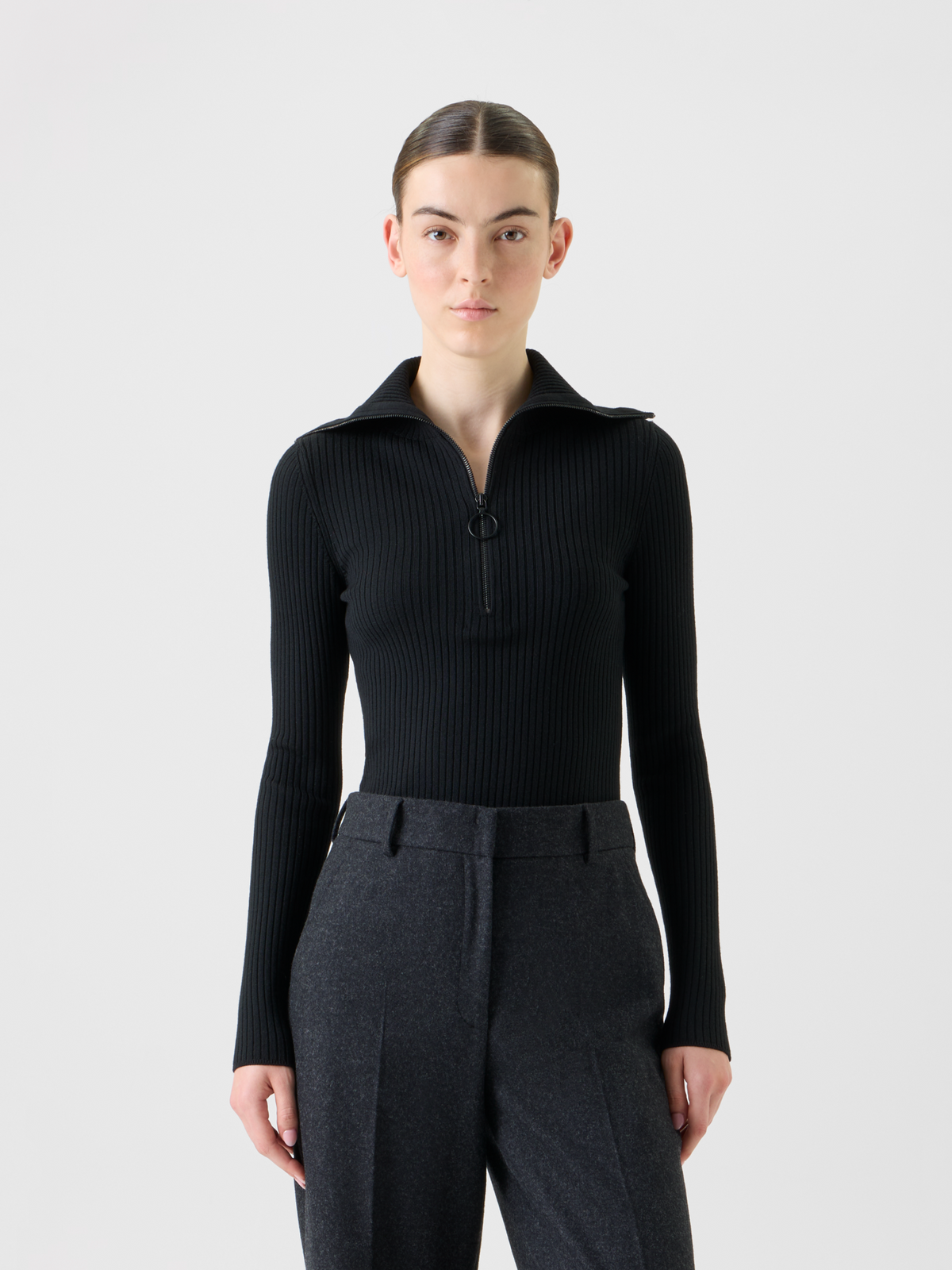 Designer Sailor Collar Merino Wool Rib Half-Zip Sweater - black - neutral #editorial