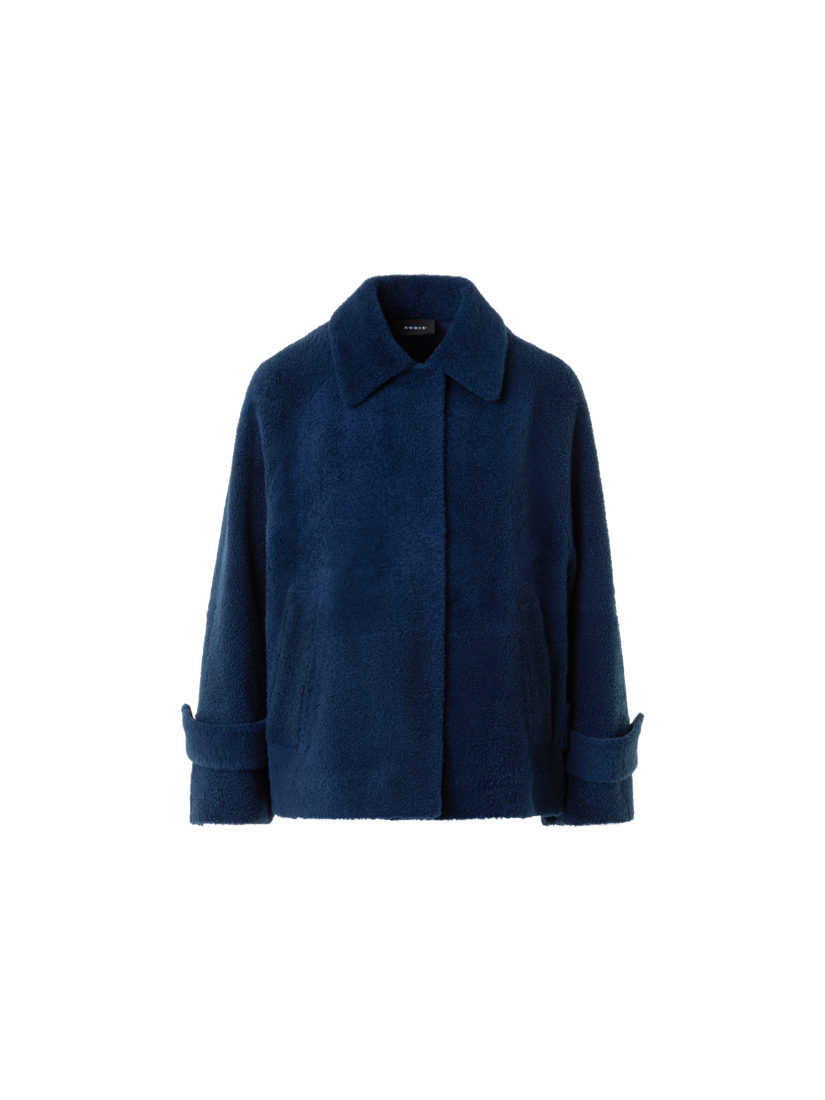 Designer Short A-Line Shearling Jacket - neutral - navy - blue