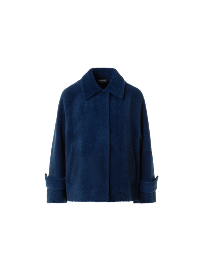 Designer Short A-Line Shearling Jacket - neutral - navy - blue