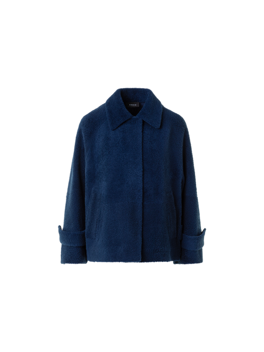Designer Short A-Line Shearling Jacket - neutral - navy - blue