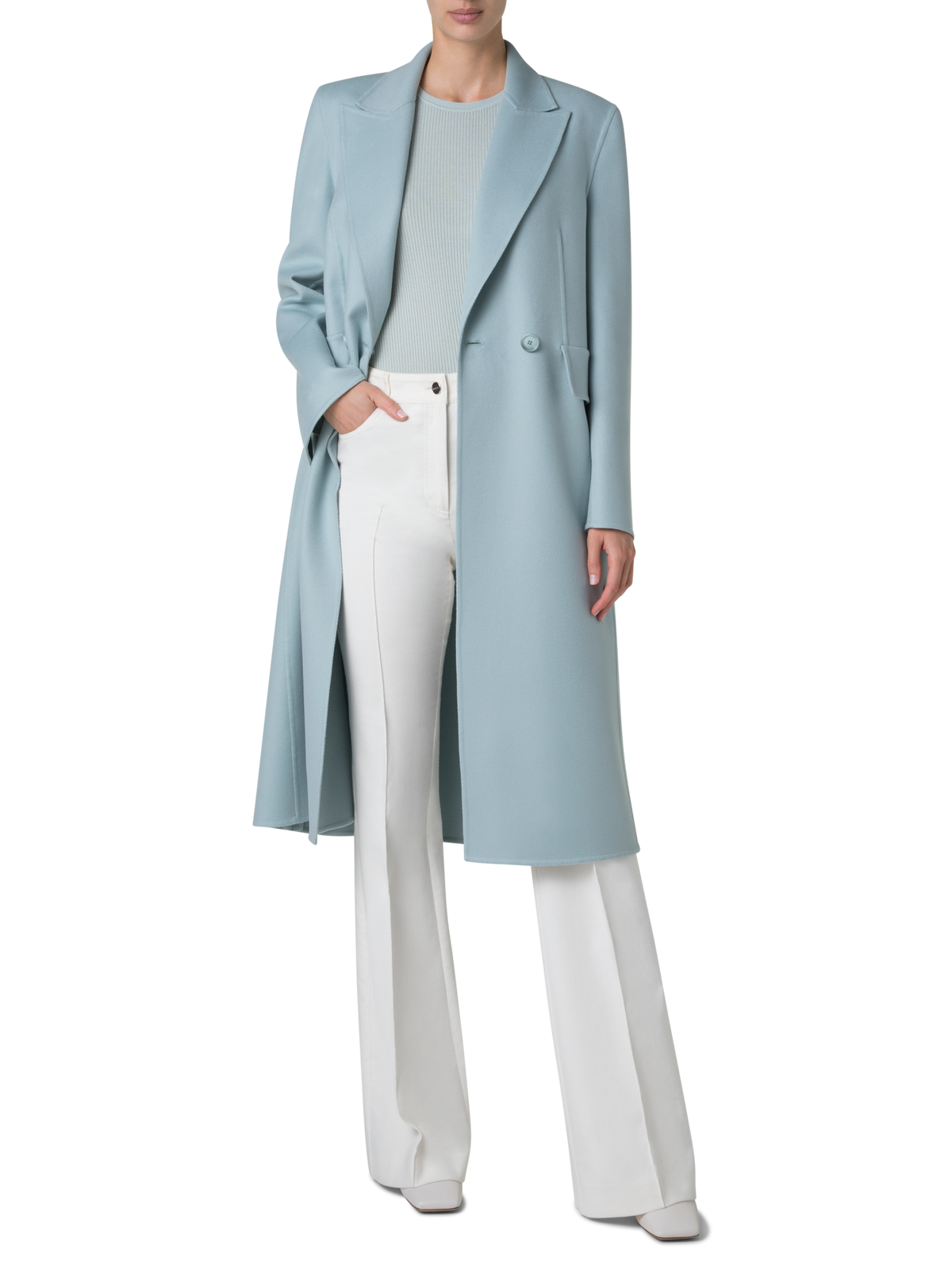 Designer Double Breasted Coat in Cashmere Double-Face - pastel - blue #editorial