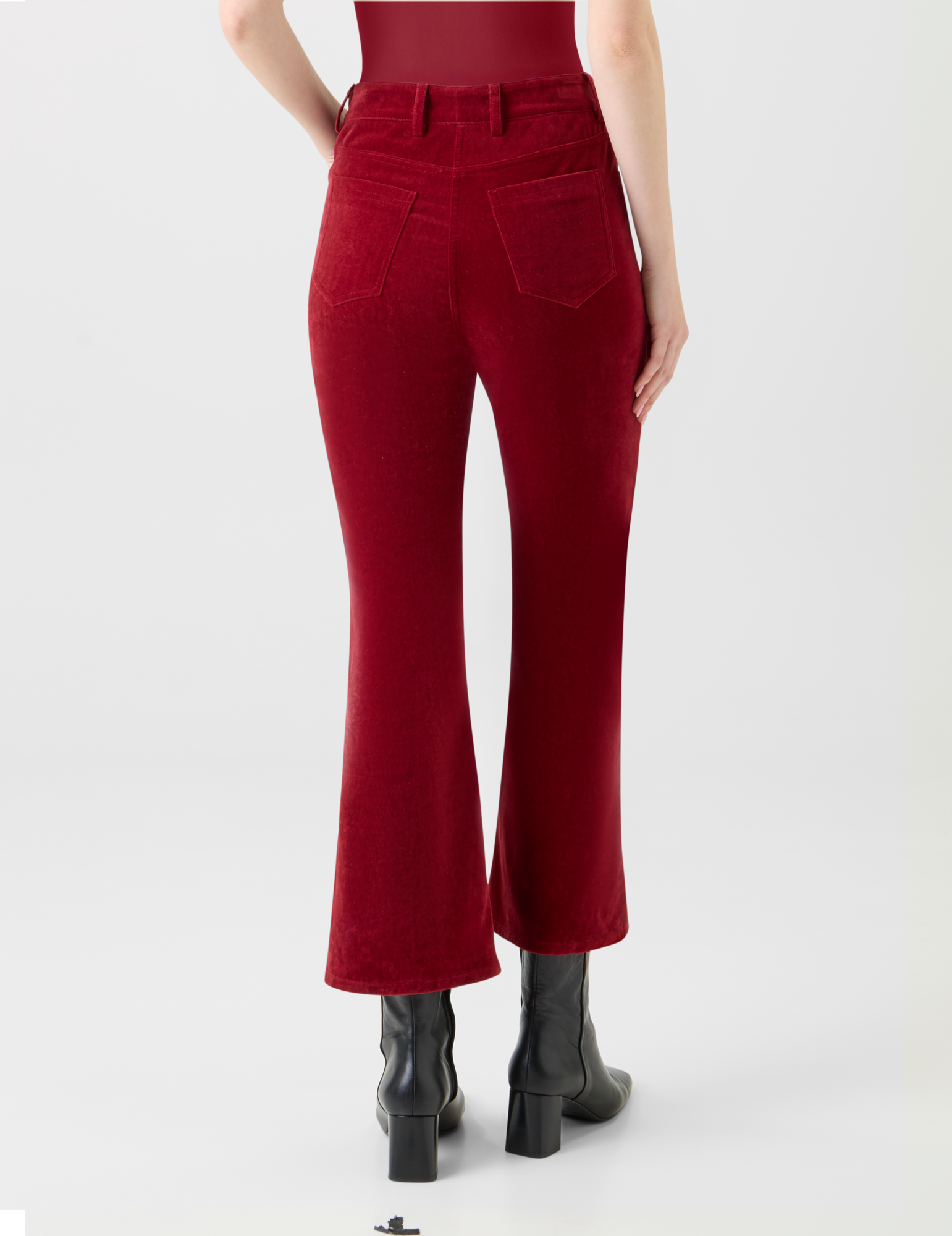 Designer Cropped Bootcut Stretch Cotton Velvet Pants - red 
