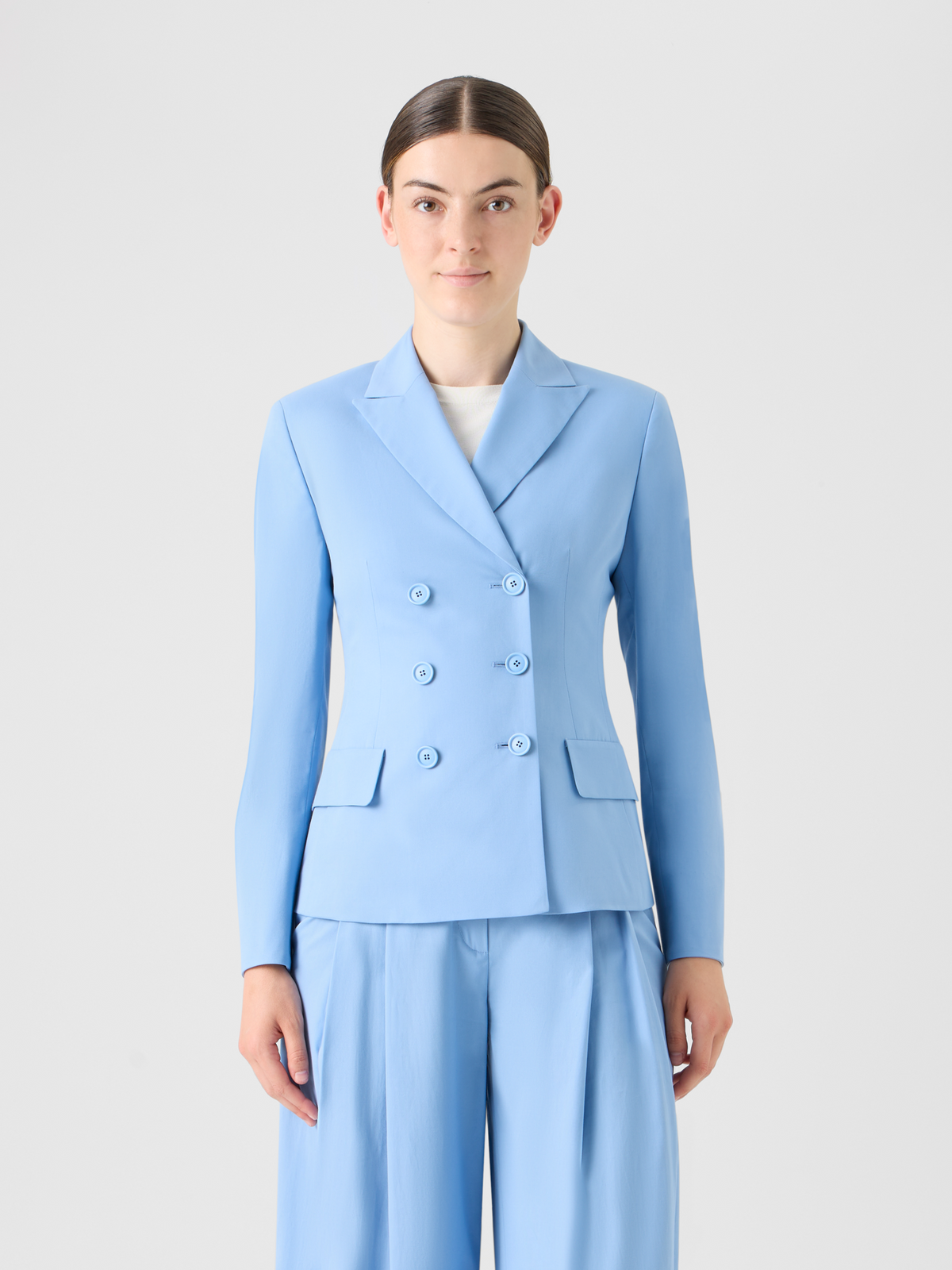 Designer Double-Breasted Cotton Stretch Gabardine Jacket - blue #editorial