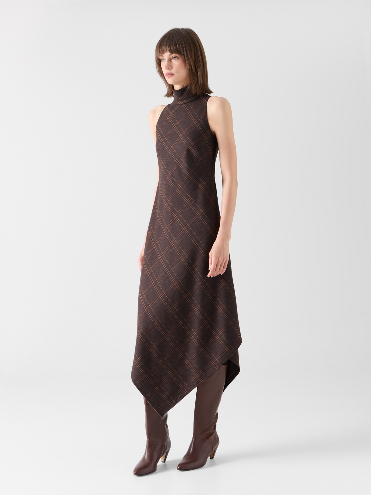 Designer Halter Midi Dress in Check Flannel - brown #editorial