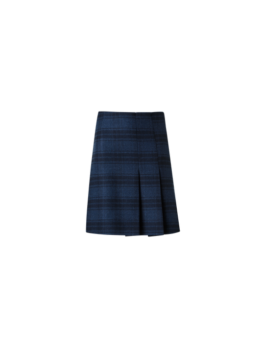 Designer Half-Pleated Wool Double-Face Plaid Mini Skirt - neutral - navy - blue - multicolor
