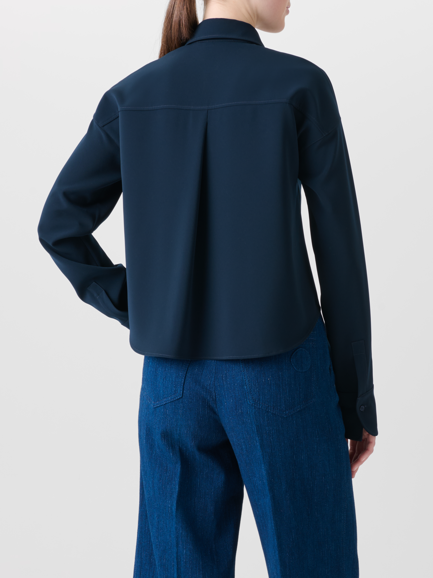 Designer Cropped Boxy Blouse in Signature Laser Cut - neutral - navy - blue 
