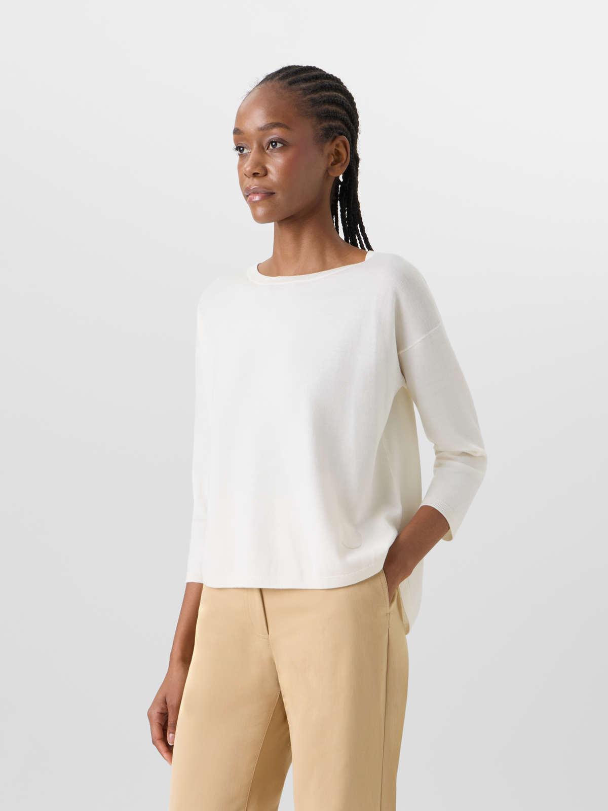 Designer Bracelet-Sleeve Merino Wool Knit Pullover - ecru #editorial