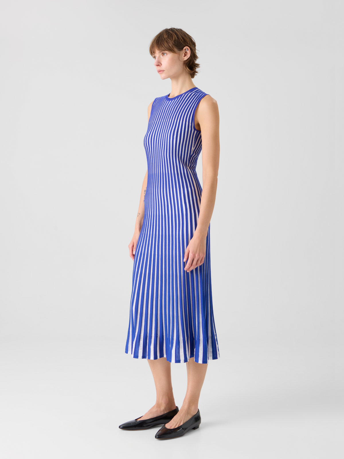 Designer Two Tone Rib Knit Dress with Sheer Shoulders - blue #editorial