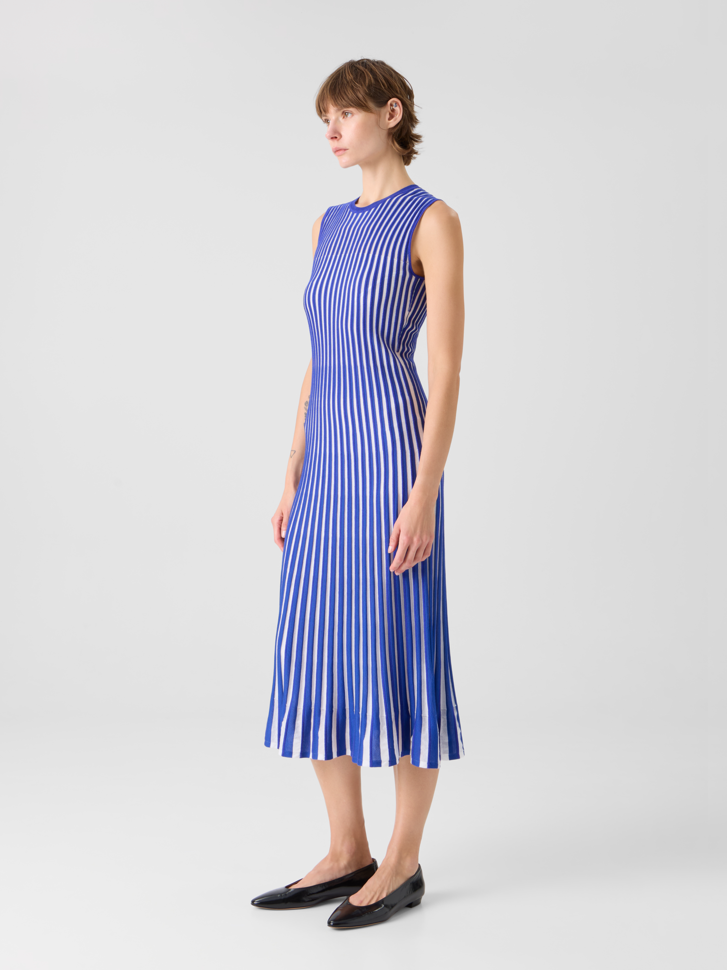 Designer Two Tone Rib Knit Dress with Sheer Shoulders - blue 