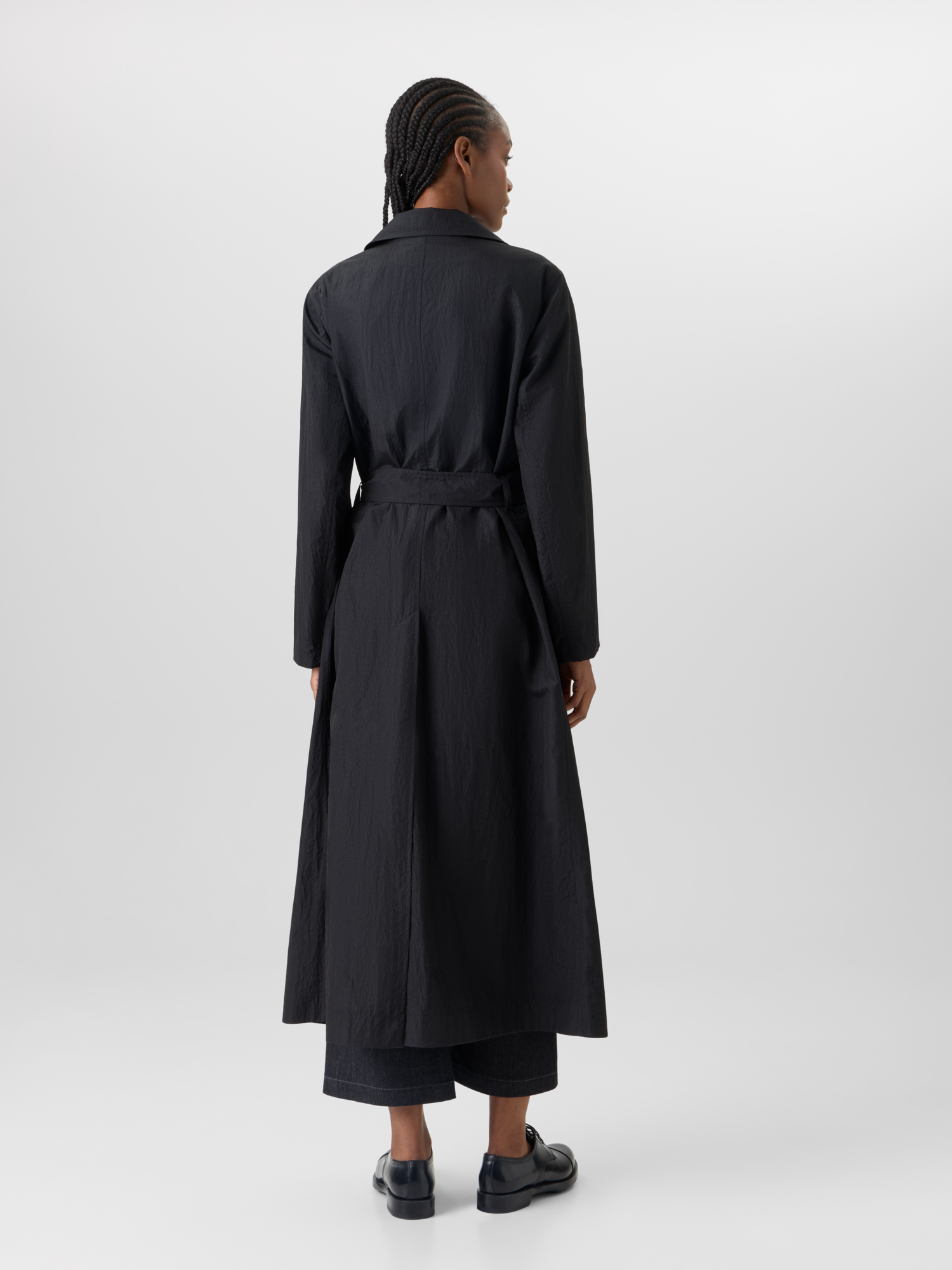 Designer Long-Sleeve Crinkled Parachute-Taffeta Long Trench Coat - black 
