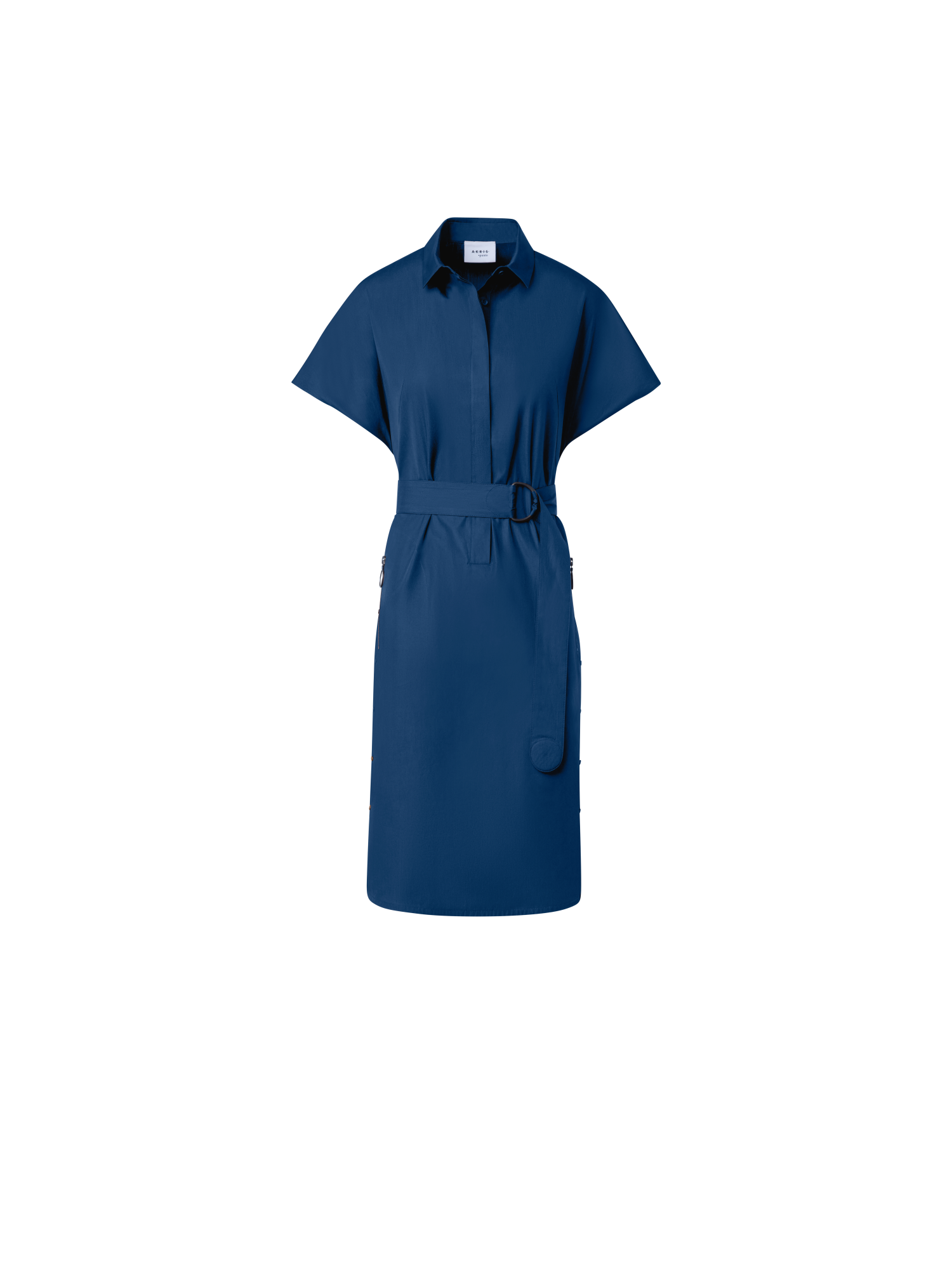 Designer Cotton Shirt Dress with Short Kimono Sleeves - blue