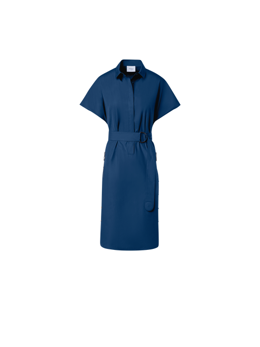 Designer Cotton Shirt Dress with Short Kimono Sleeves - blue