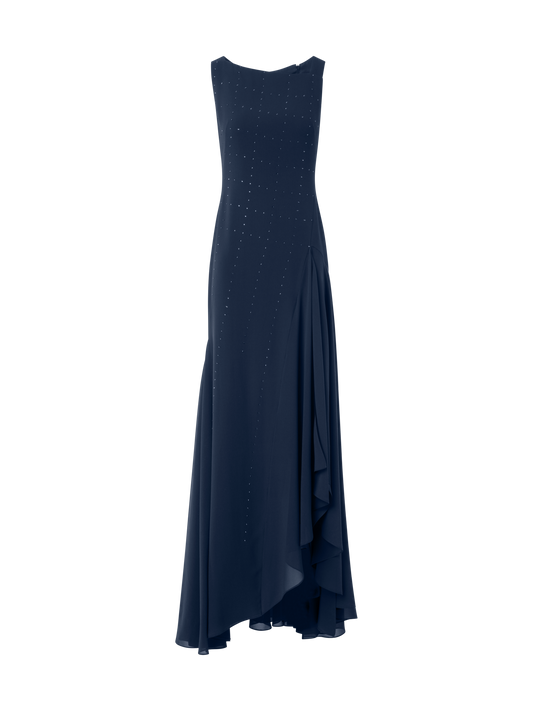 Designer Swarovski Crystal Square Studs Gown with Slit - neutral - navy - blue