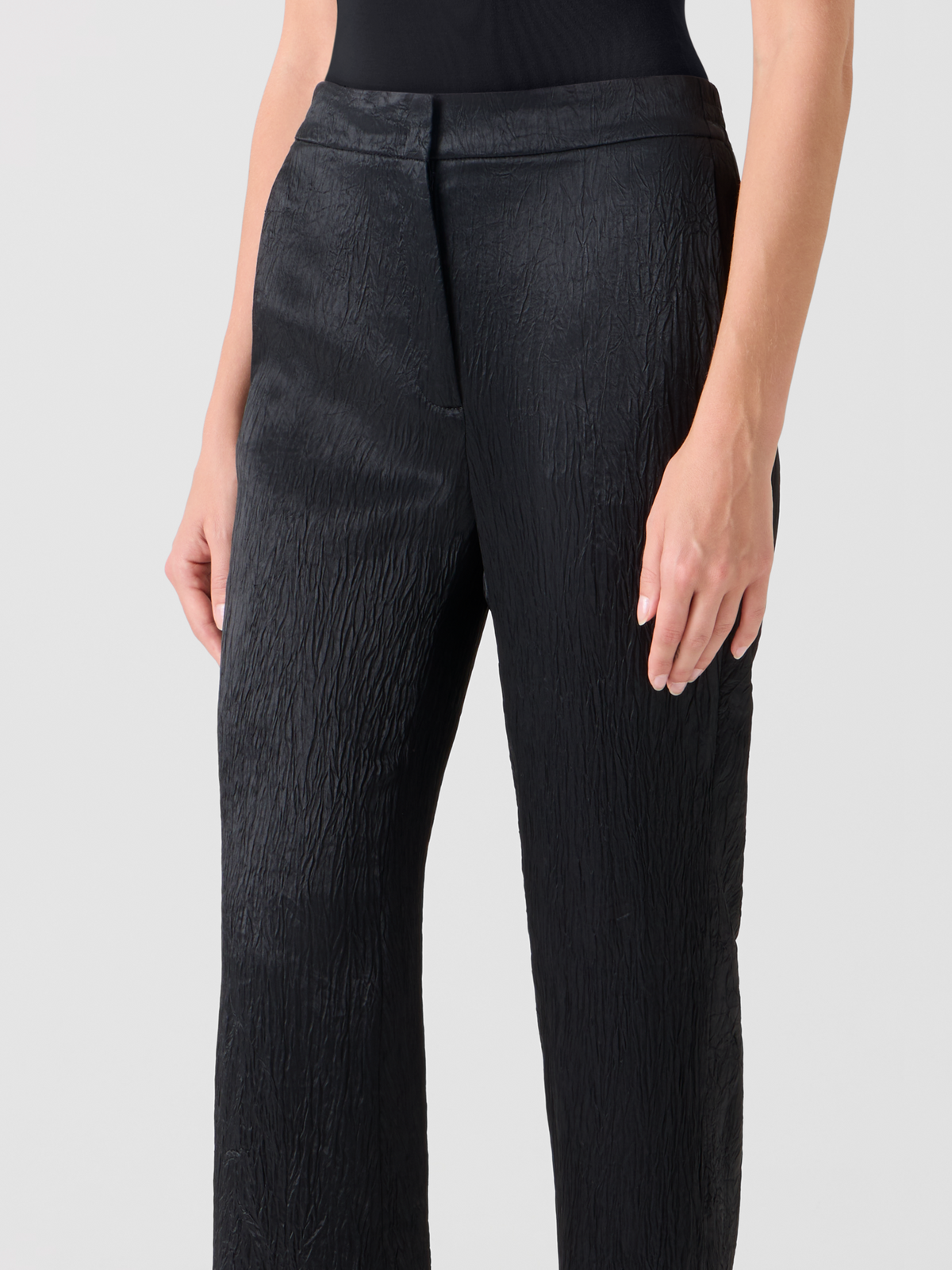 Designer Marla Elastic Waist Crinkled Satin Straight Pants - black #editorial