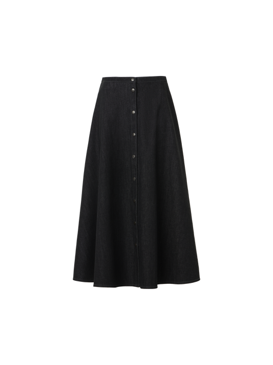 Designer Flared Cotton Stretch Denim Skirt - black