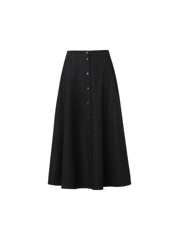 Designer Flared Cotton Stretch Denim Skirt - black