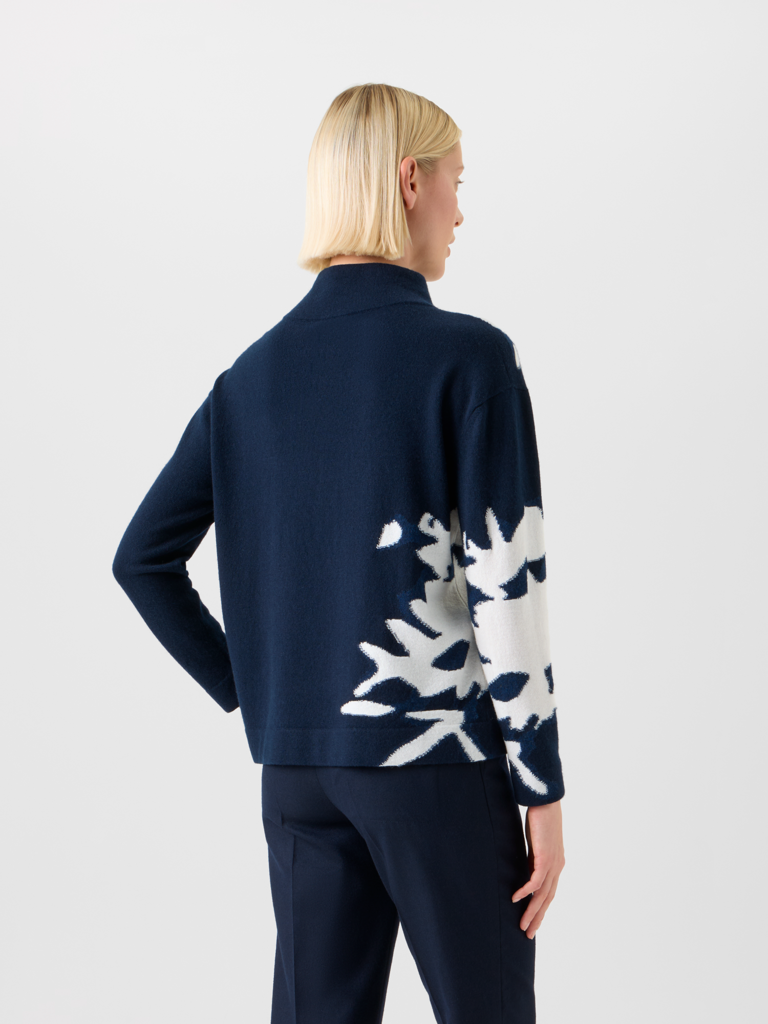 Designer Cashmere Wildflower Intarsia Mock Neck Sweater - navy - blue - multicolor 