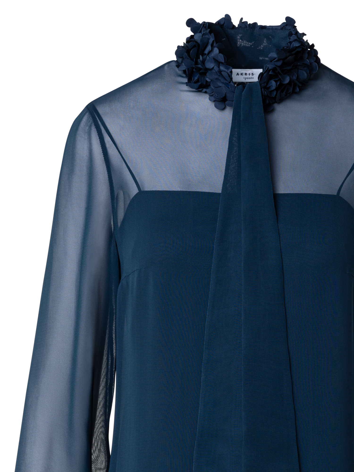 Designer Sheer Blouse with Bow and 3D Laser Cut Flakes - navy - blue