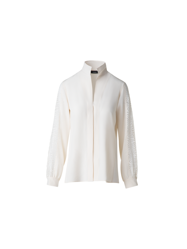 Designer Silk Blouse with Wave Lace - ecru - white