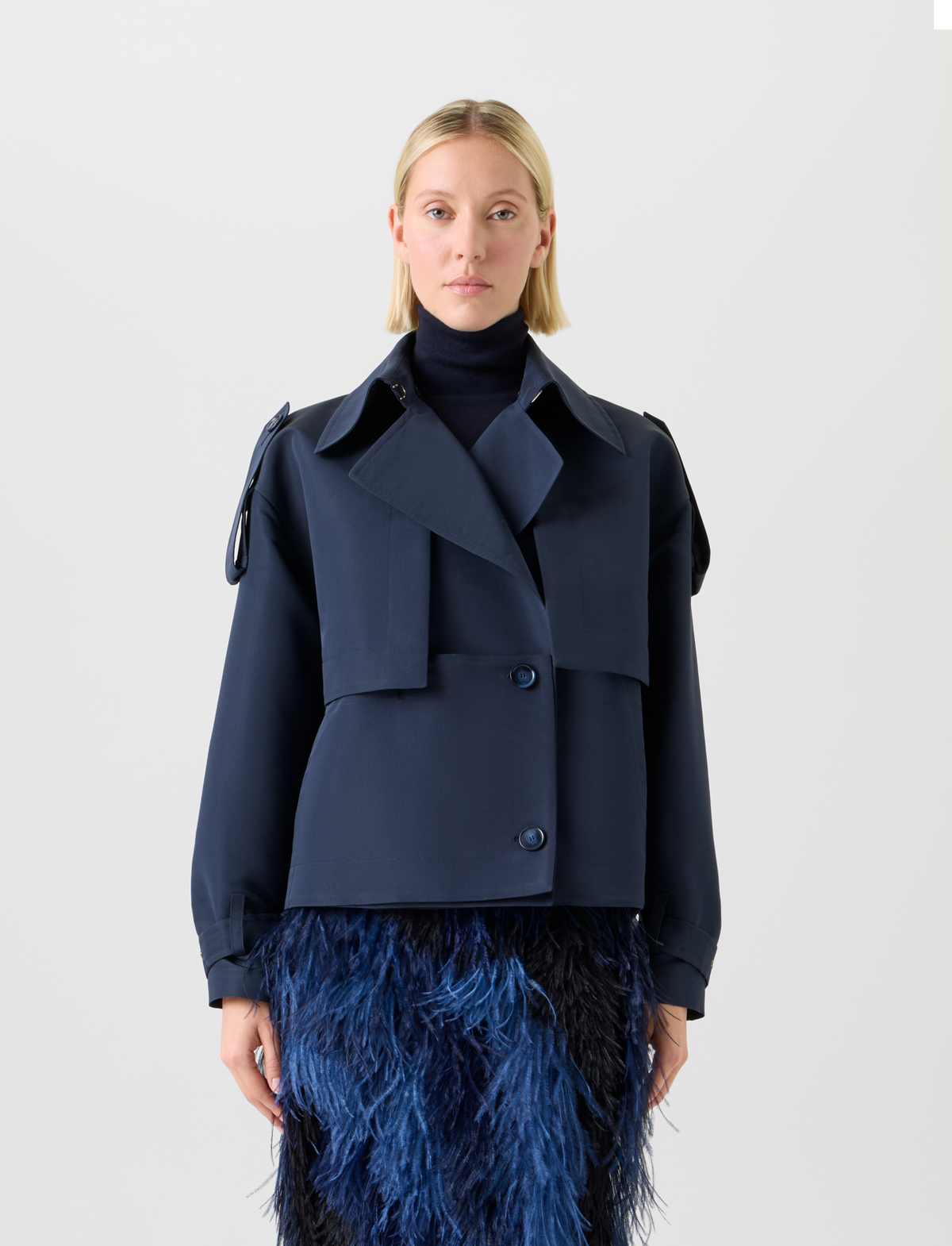 Designer Short Silk Trench Coat with Removable Bolero - neutral - navy - blue #editorial