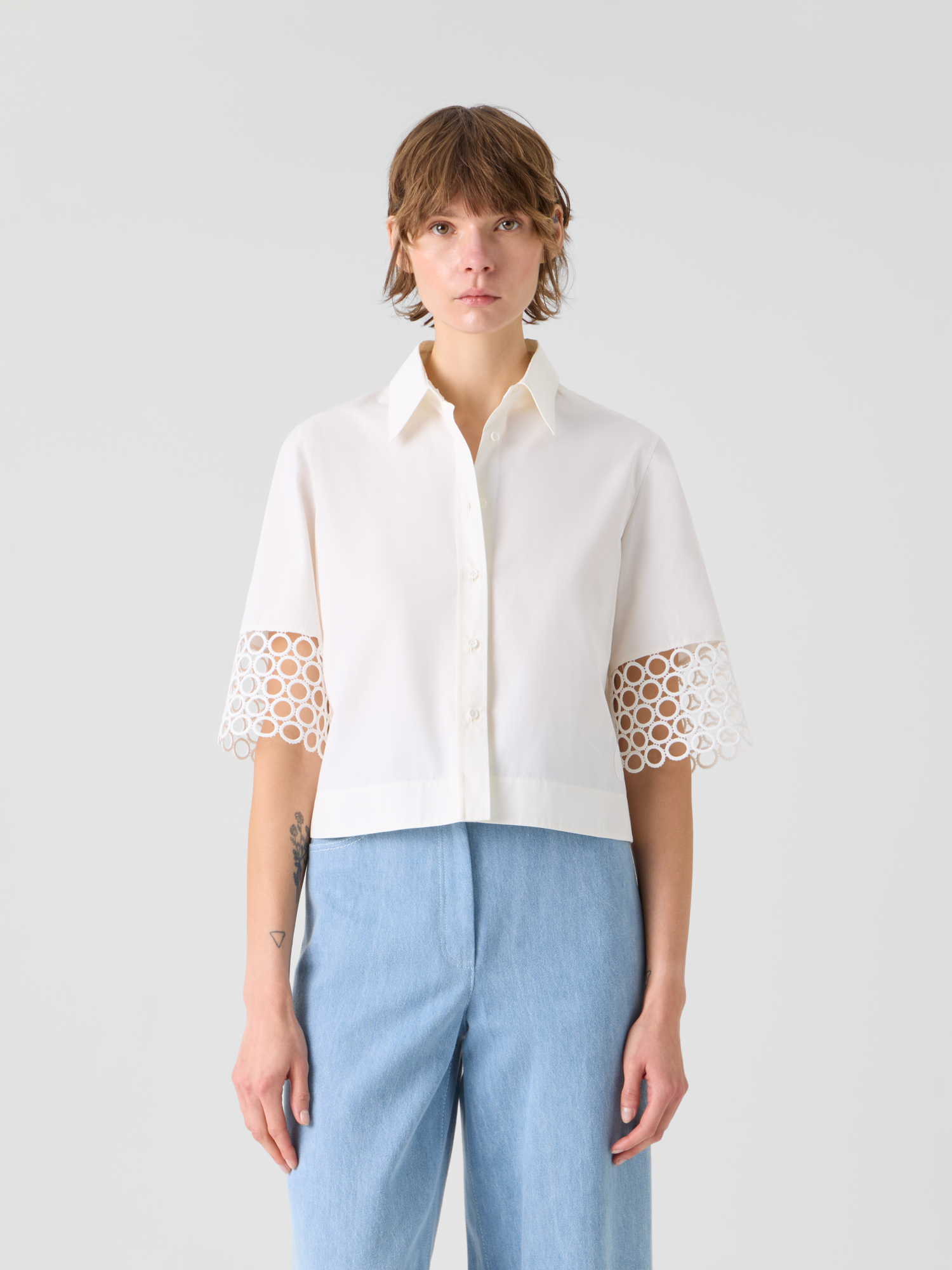 Designer Cotton Boxy Blouse with Eyelet Guipure - white 