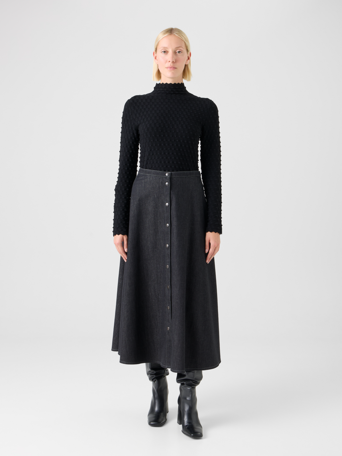 Designer Flared Cotton Stretch Denim Skirt - black #editorial