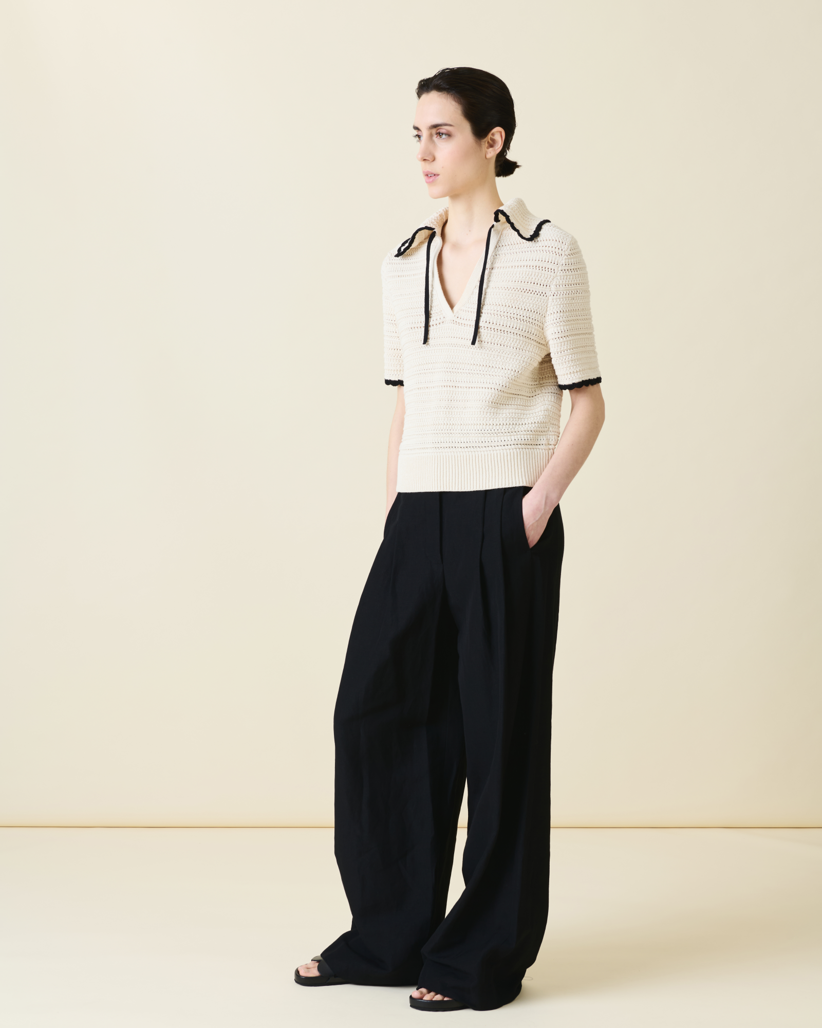 Designer Chunky Cotton Knit Top with Contrast Trim - neutral - multicolor - beige 