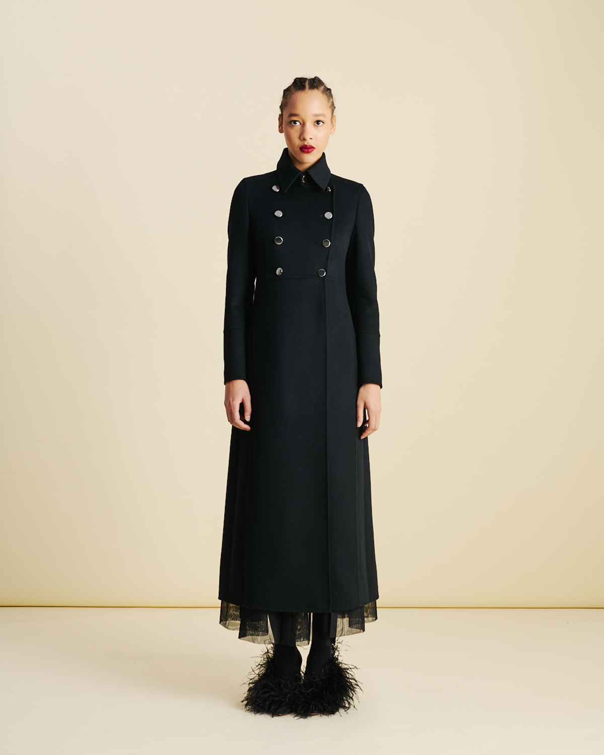 Designer Long Redingote Wool Double-Face Coat - black - neutral #editorial