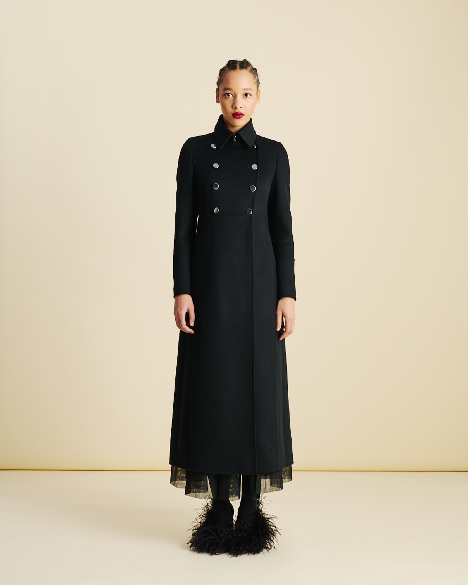 Designer Long Redingote Wool Double-Face Coat - black - neutral 