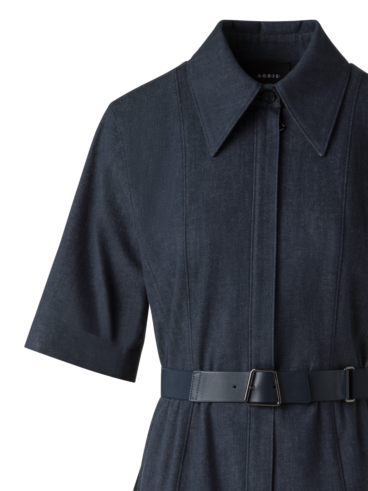 Designer Short Sleeve Shirt Dress in Cotton Denim - neutral - navy - blue