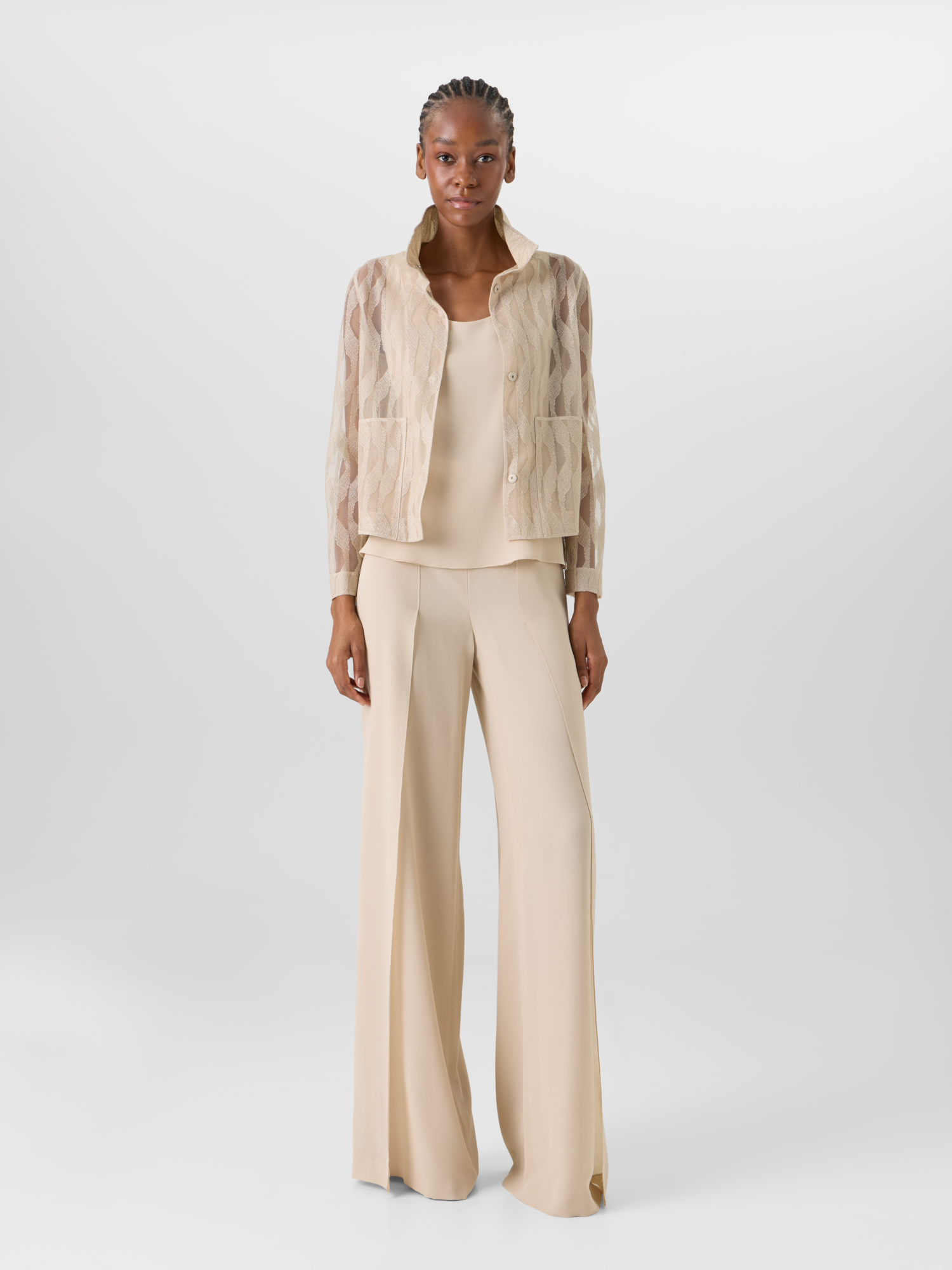 Designer Fellia Wide-Flared-Leg Pants in Silk Georgette - beige 