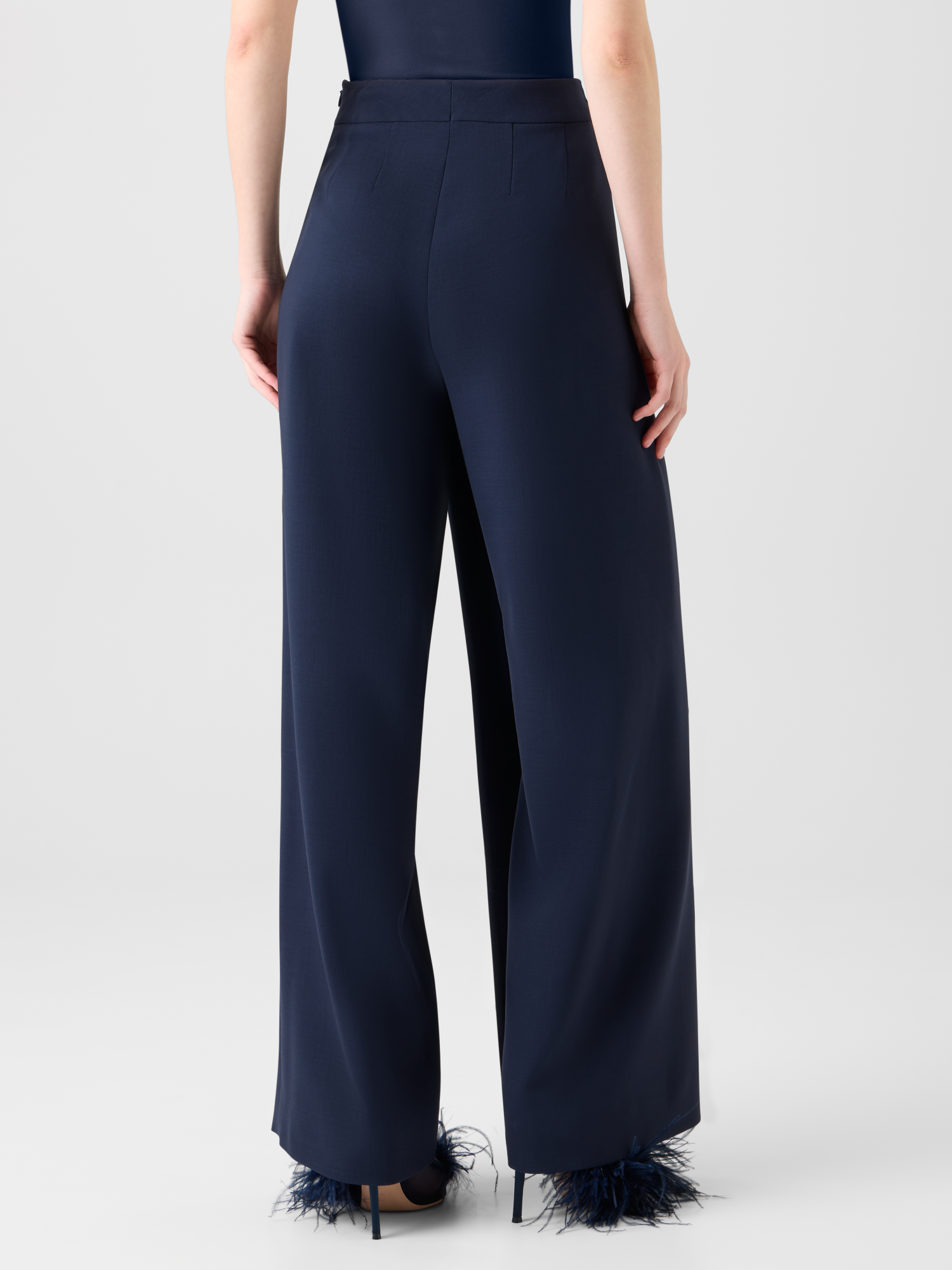 Designer Straight Wool Double-Face Pants with Apron Wrap - neutral - navy - blue 
