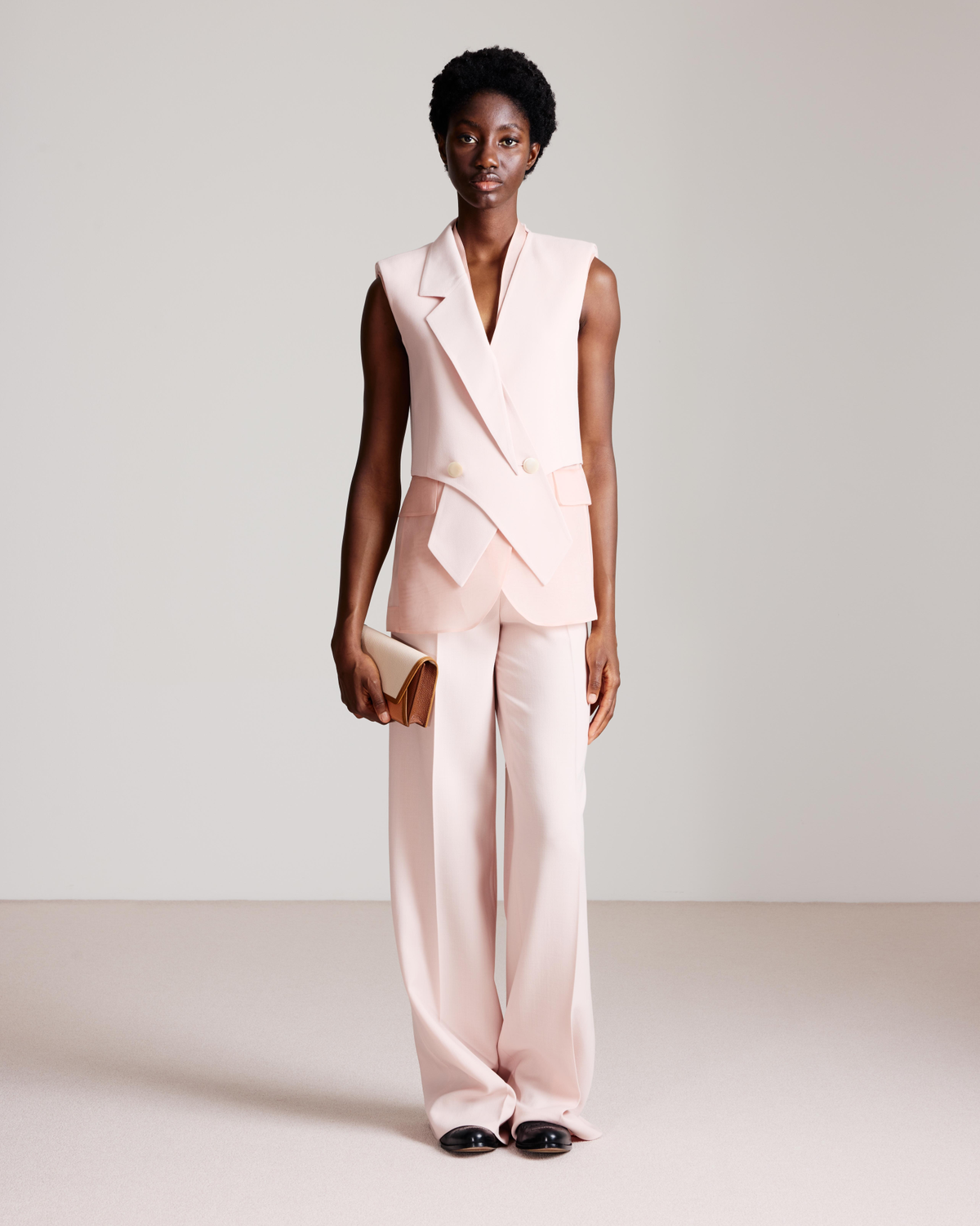 Designer Asymmetrical Gilet in Wool Double-Face - pastel - pink #editorial