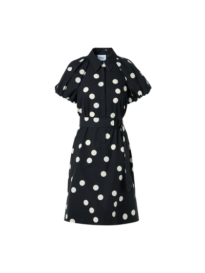 Designer Polka Dot Cotton Shirt Dress with Puff Sleeves - black