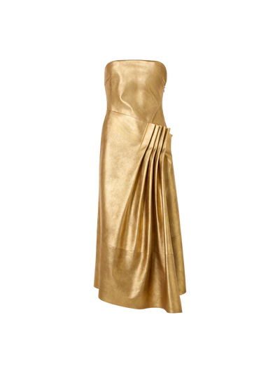 Designer Lamé Leather Bustier Gown with Front Draping - gold