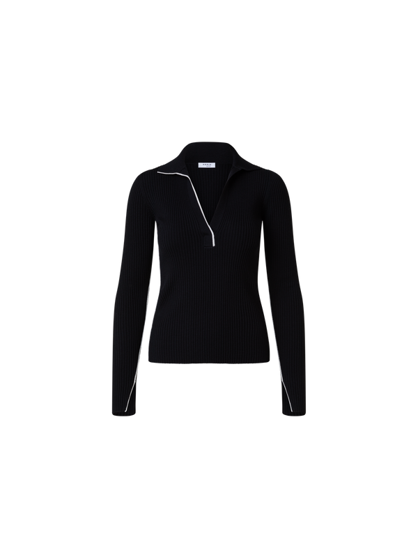 Designer Ribbed Merino Wool Polo Neck Sweater - black - multicolor