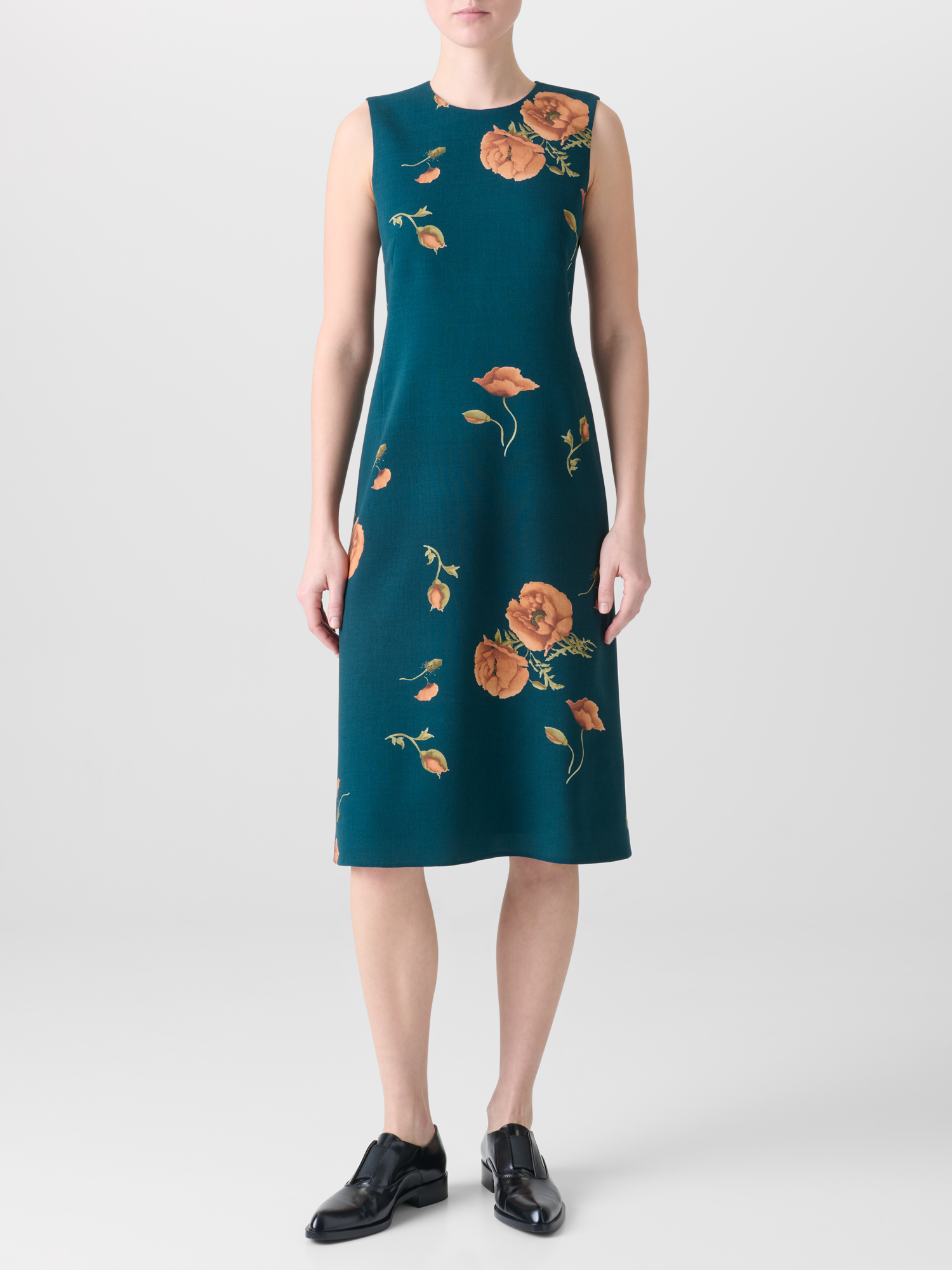 Designer Sheath Dress in Wool Double-Face Anemone Print - green - multicolor