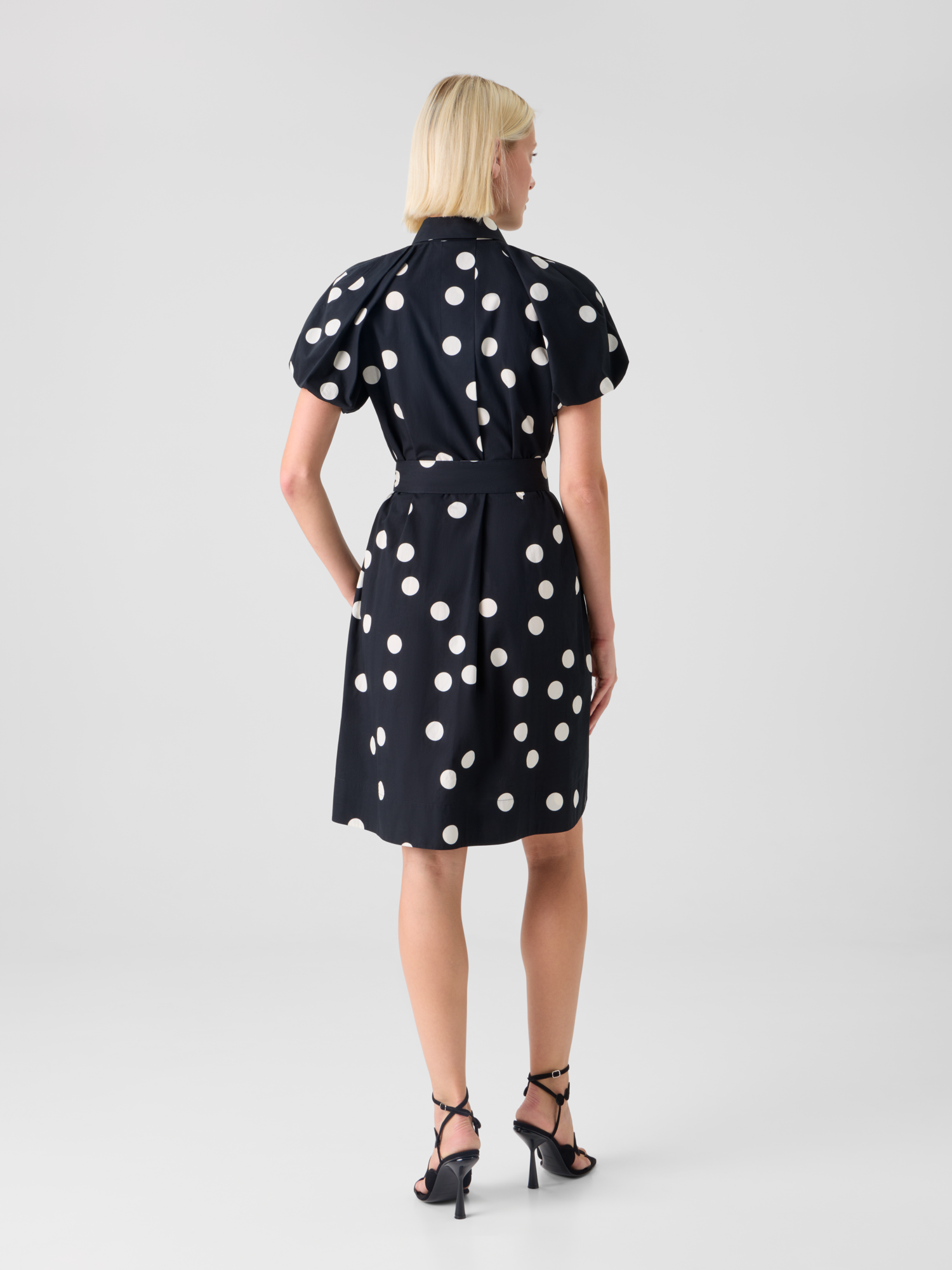 Designer Polka Dot Cotton Shirt Dress with Puff Sleeves - black