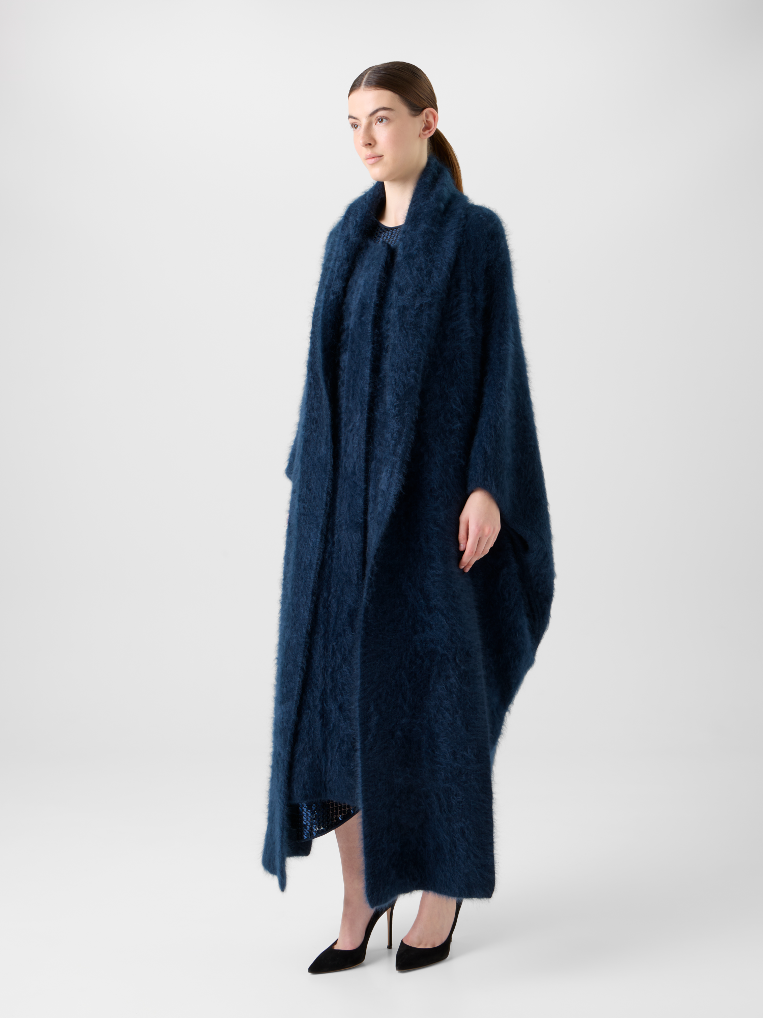 Designer Long Cashmere Cape with Removable Scarf Hood - neutral - navy - blue 