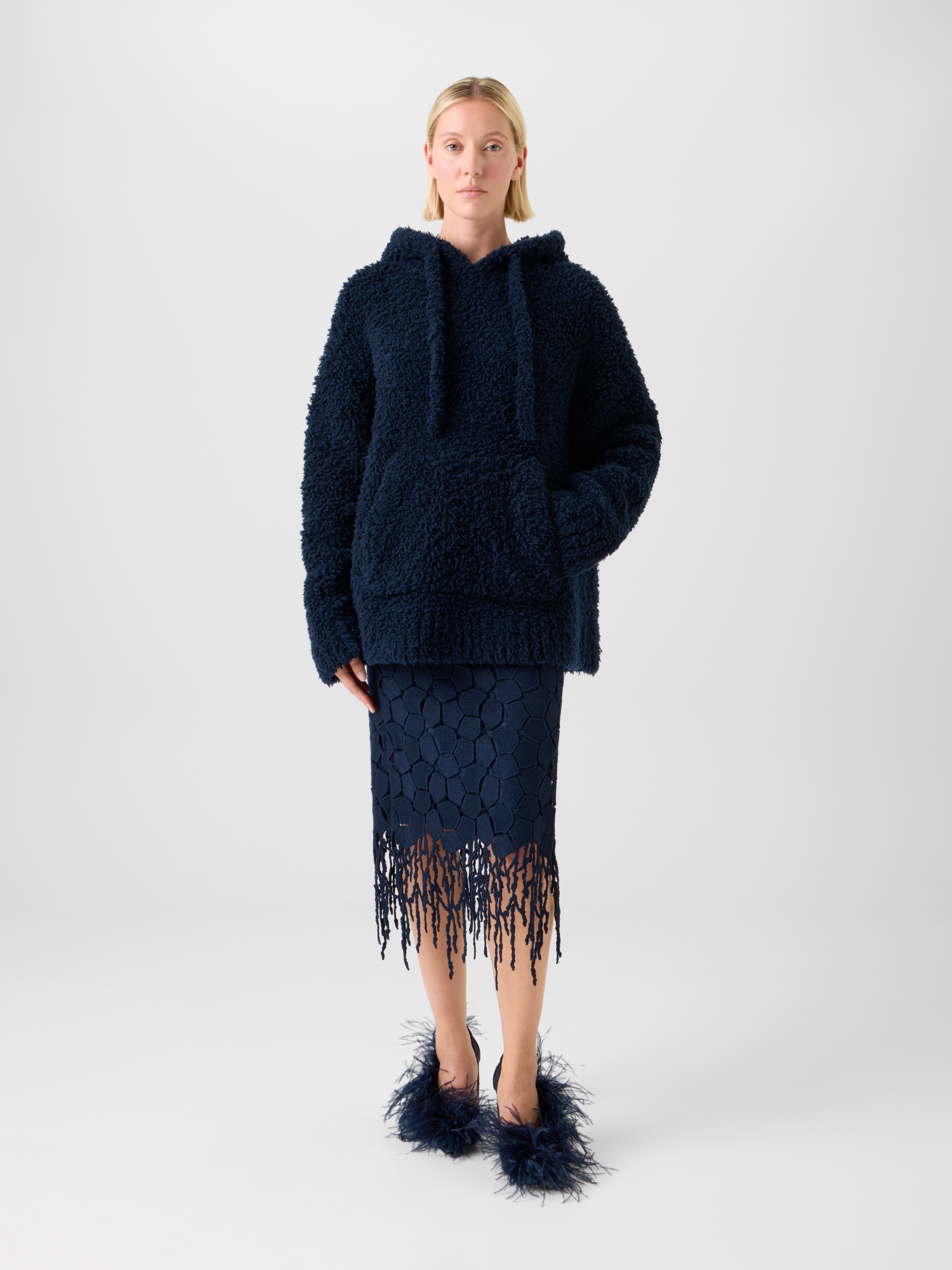 Designer Oversized Wool Plush Knit Hoodie - neutral - navy - blue 