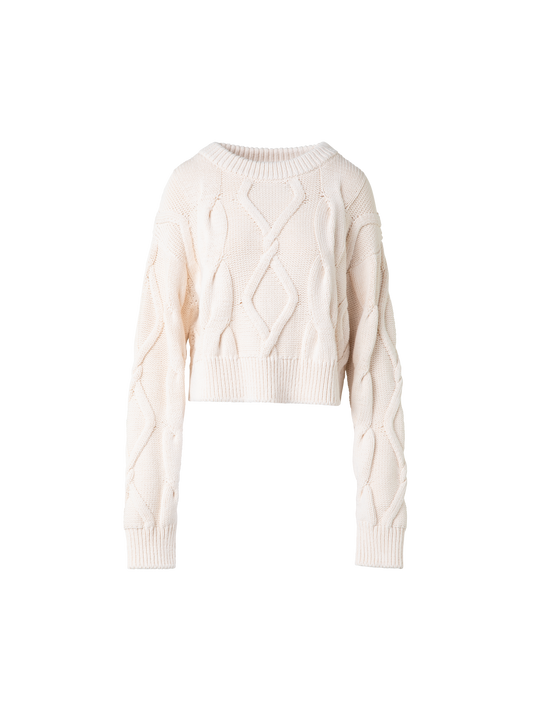 Designer Crew Neck Sweater in Chunky Cable Cotton - neutral - pastel - ecru - beige - white